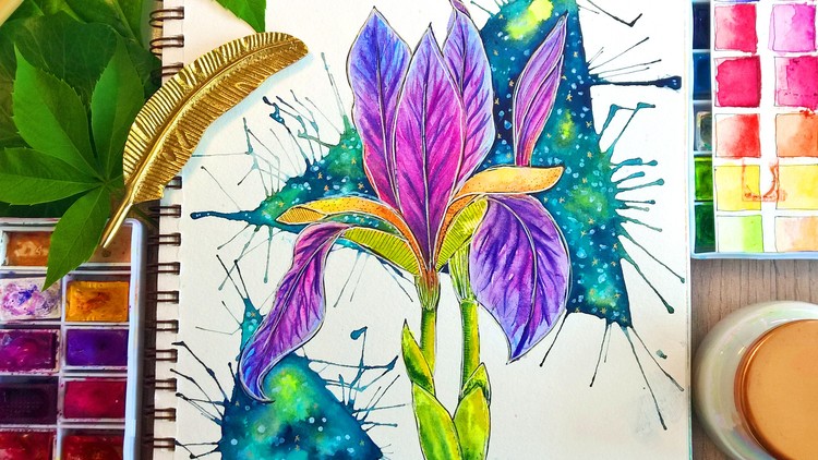 Read more about the article Easy Watercolor Iris Flower Painting with Galaxy Background