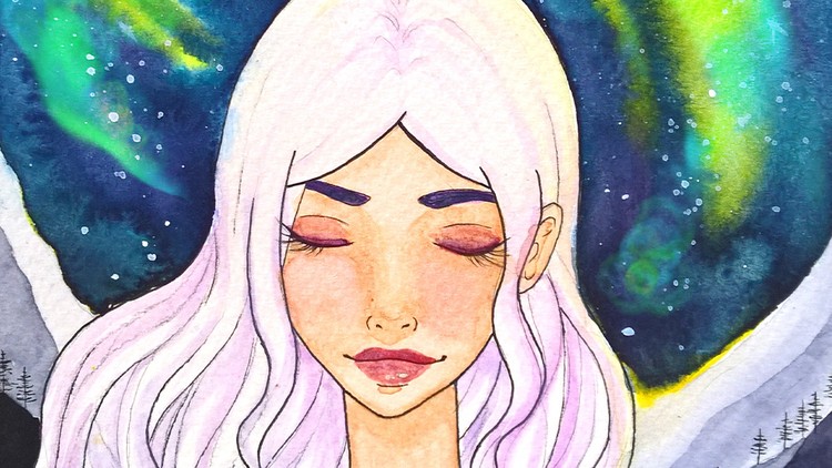 Easy watercolor painting- night sky galaxy manga portrait
