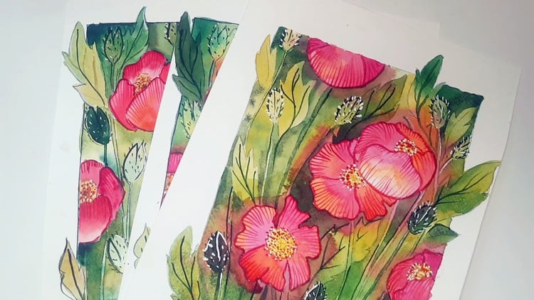 Watercolor poppies. From sketch to finished work.